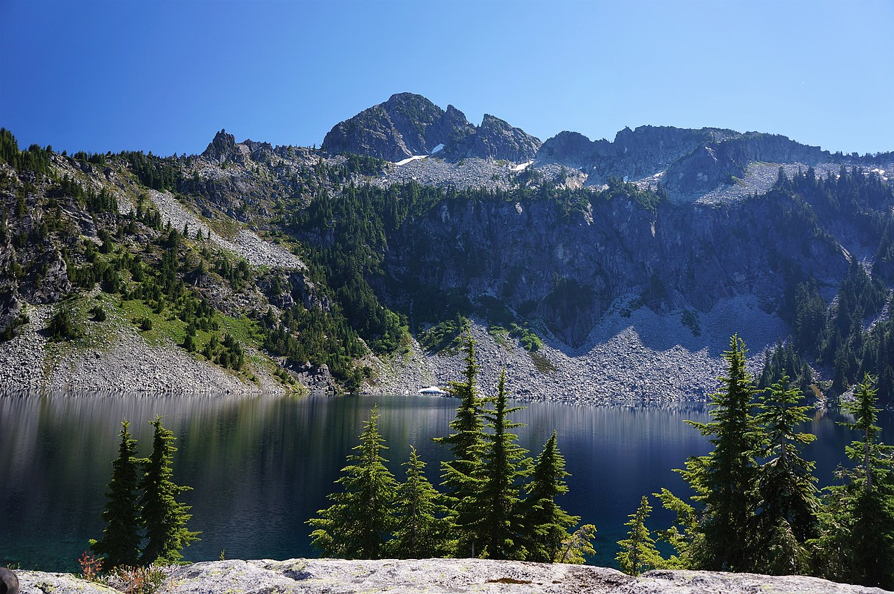 lake, pine trees, mountain