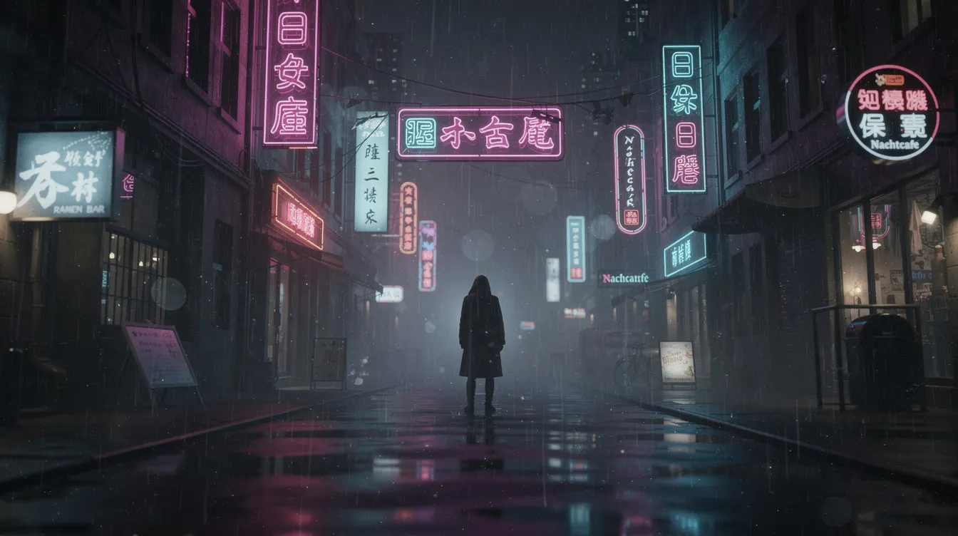 Die dunkle Straßenszene zeigt asiatische Leuchtreklamen, während Regentropfen auf der Kameralinse glitzern. Im Vordergrund steht eine einsame Figur unter einem Neonschild, die an die dystopische Atmosphäre von Ridley Scotts "Blade Runner" erinnert.