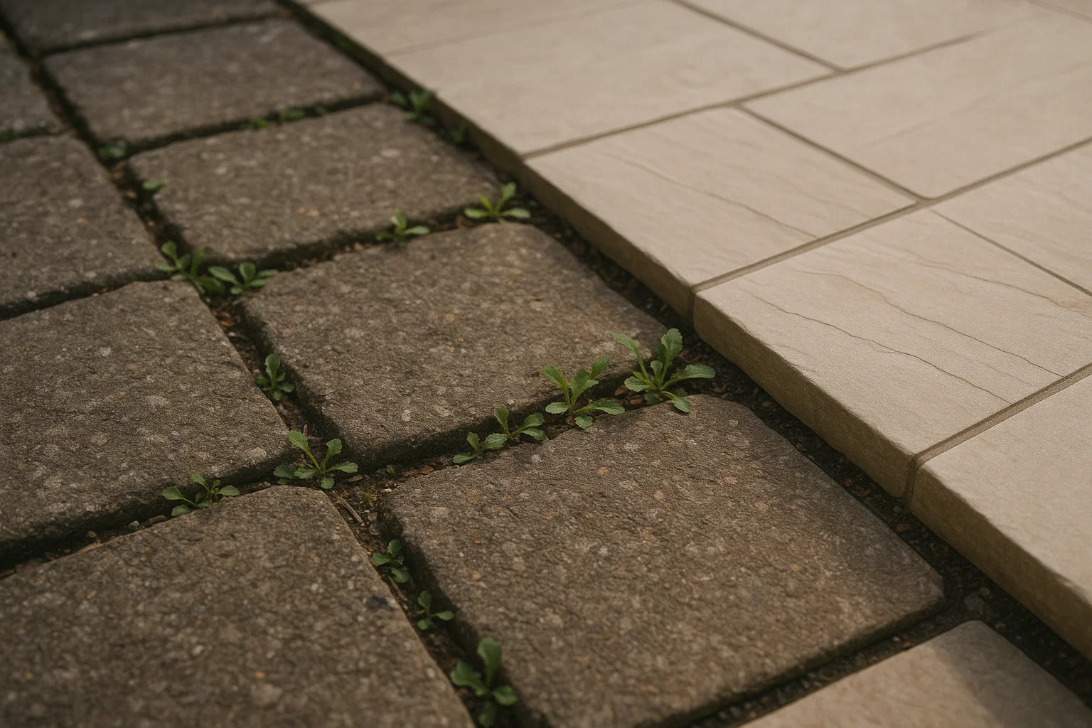 Uneven paving slabs with weeds compared to a perfectly installed natural stone patio.