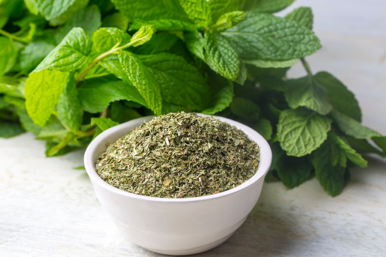 Dried mint leaves in white bowl with fresh green mint sprigs in background, natural herbal ingredient for tea and skincare