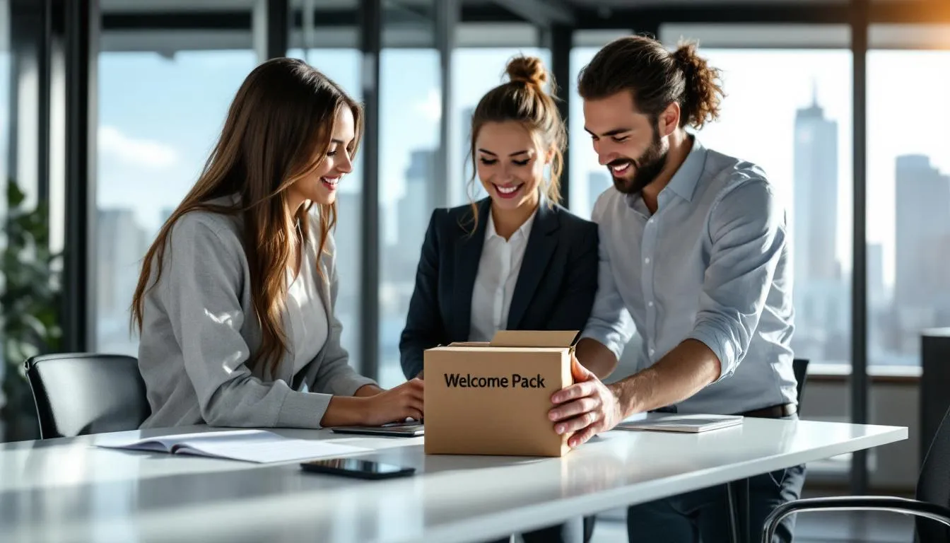 Zespół HR w nowoczesnym biurze przygotowuje zestaw powitalny dla nowego pracownika, który zawiera firmowe gadżety, materiały informacyjne oraz logo firmy. Przygotowywanie welcome packa ma na celu stworzenie pozytywnego pierwszego wrażenia i ułatwienie adaptacji w nowym miejscu pracy.