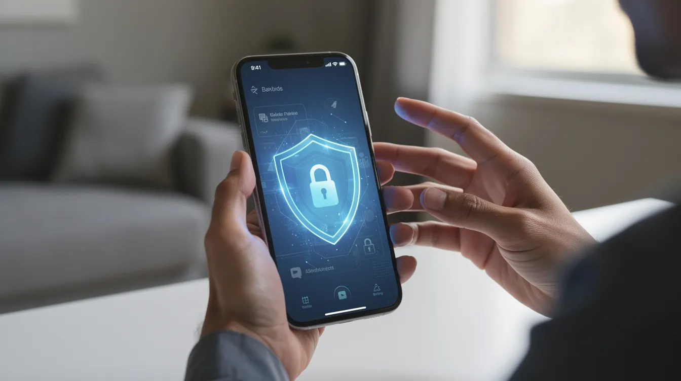 A person is holding a smartphone displaying a digital shield icon, symbolizing secure mobile financial services such as online loans and personal financing. The image conveys a sense of privacy and protection in managing financial transactions through a web loan platform.