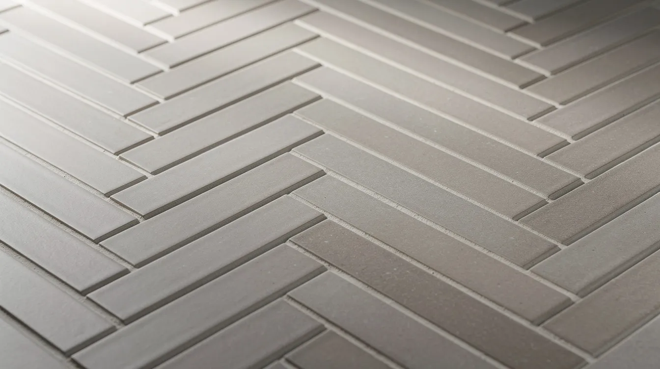 A close-up view of medium-format ceramic tiles arranged in a herringbone pattern showcases their sleek texture and visual interest, perfect for a contemporary kitchen backsplash design. The arrangement highlights the tiles' durable surface and the potential for fewer grout lines, contributing to a cohesive look in the backsplash area.