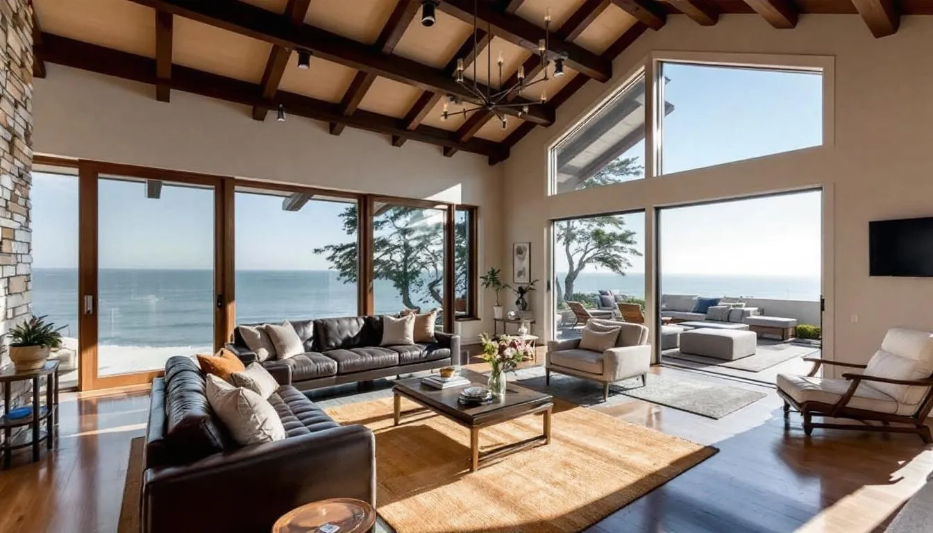 This image shows an elegant living room in a Santa Barbara home, featuring vaulted ceilings with exposed beams and large windows that offer stunning views of the ocean. The interior design reflects a blend of sophistication and comfort, ideal for prospective properties consumers looking for homes for sale in Santa Barbara, CA.