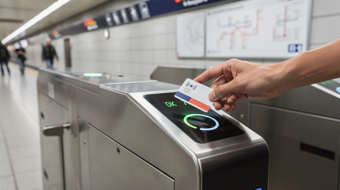 A hand is seen tapping a gold Nol card on a modern ticket gate turnstile inside a clean and well-lit metro station, part of Dubai's metro system. This image illustrates the convenience of using smartcards for quick access to metro stations across the city, enhancing the experience for commuters traveling to major attractions like the Burj Khalifa and Dubai Mall.
