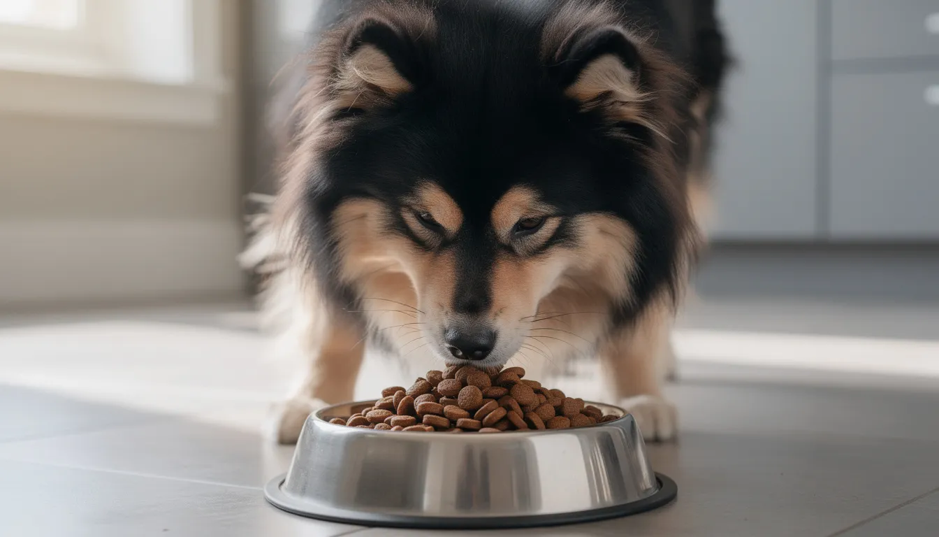 A Finnish Lapphund, a medium-sized herding breed known for its friendly nature, is enjoying high-quality dog kibble from a bowl. Its dense double coat, featuring a wolf sable coloration, shines as it focuses on its meal, embodying the healthy lifestyle typical of purebred dogs.