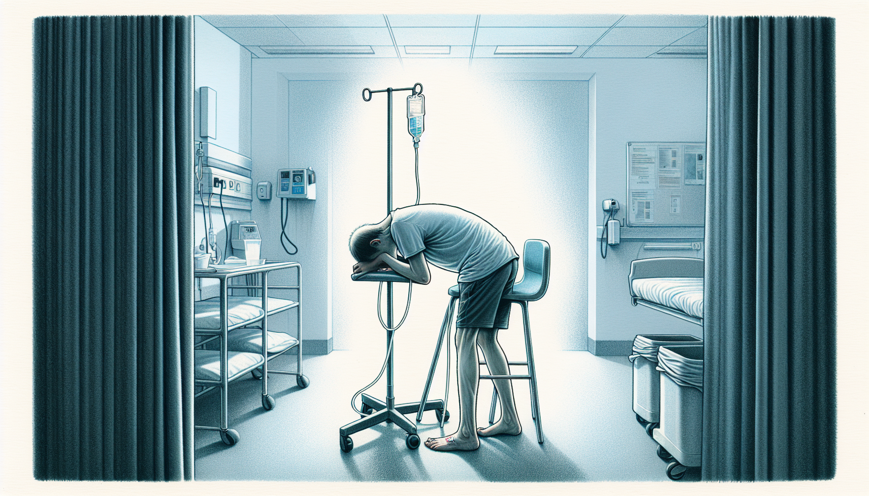 Illustration of a distressed patient experiencing nausea and vomiting