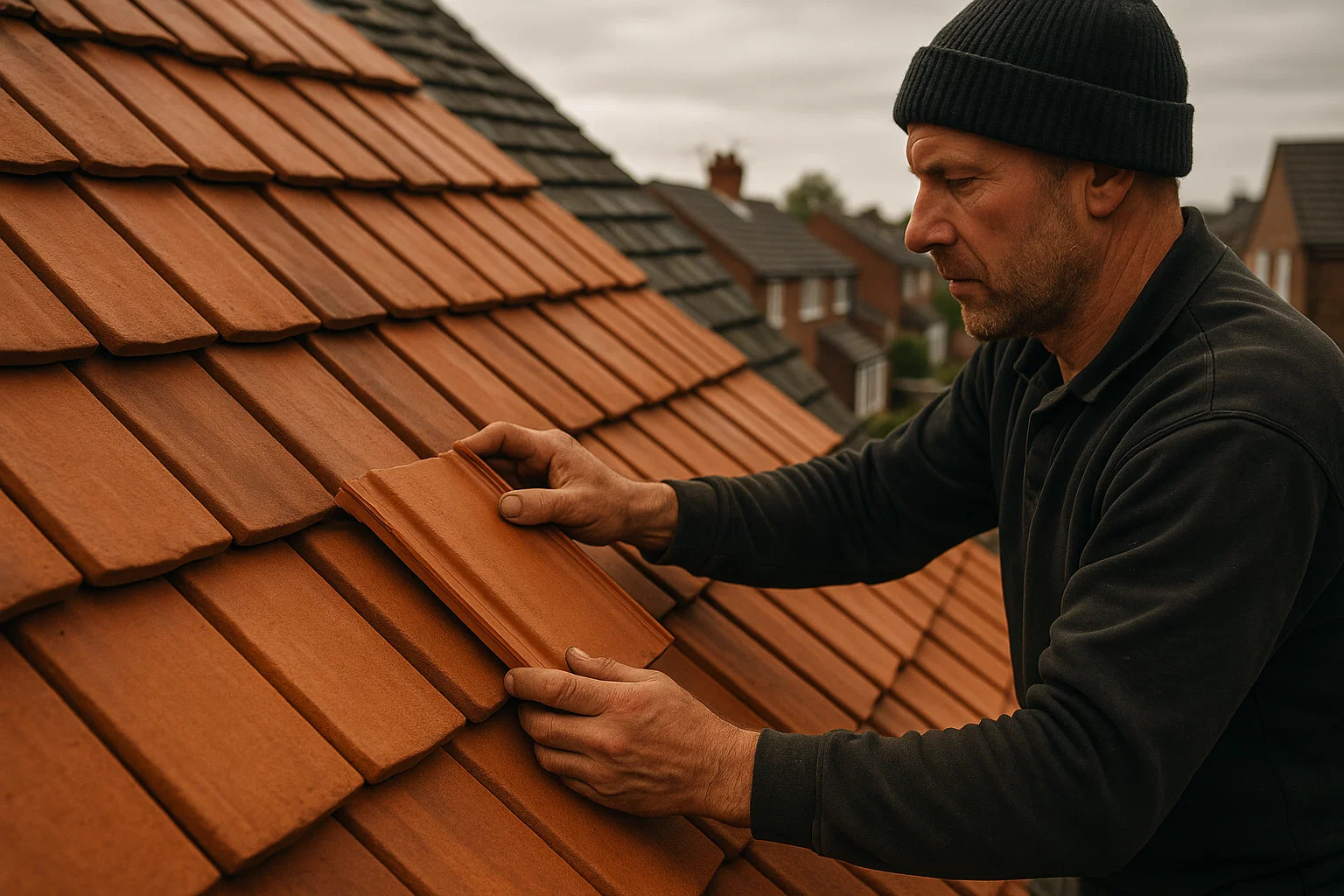 Roofer installing traditional terracotta clay roof tiles on a pitched UK home roof under cloudy Manchester daylight.