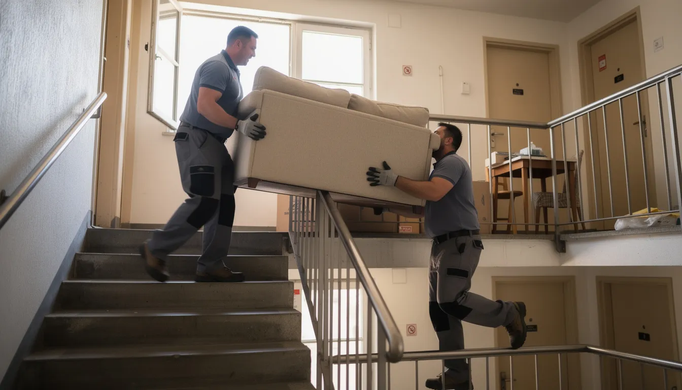 A team of workers is carefully carrying furniture down the stairs of an apartment building, ensuring proper handling and responsible disposal of unwanted items during the cleanout process. This efficient effort reflects the expertise of property managers and estate cleanout services in preparing rental properties for new tenants.
