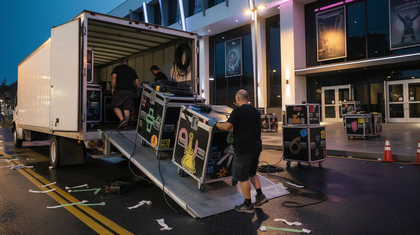 A production crew is efficiently loading touring equipment cases into a truck outside a concert venue, preparing for a live music event. The experienced team is focused on ensuring a smooth setup for the performance, showcasing their expertise in event production and audio visual technology.