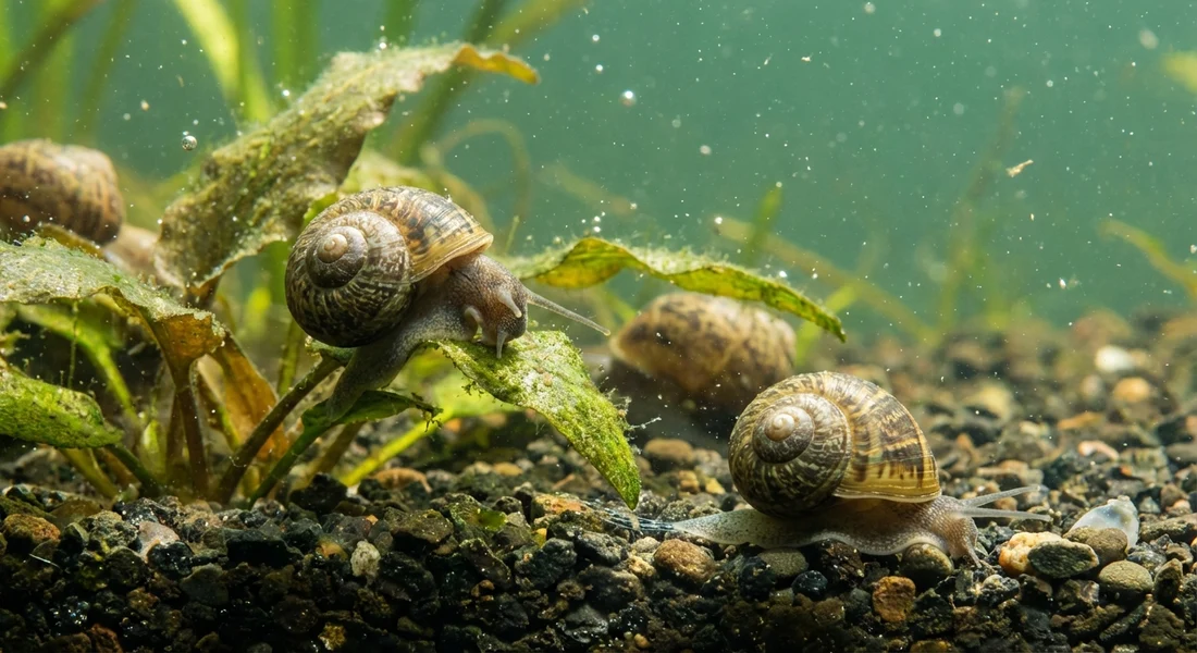 A group of aquarium snails.