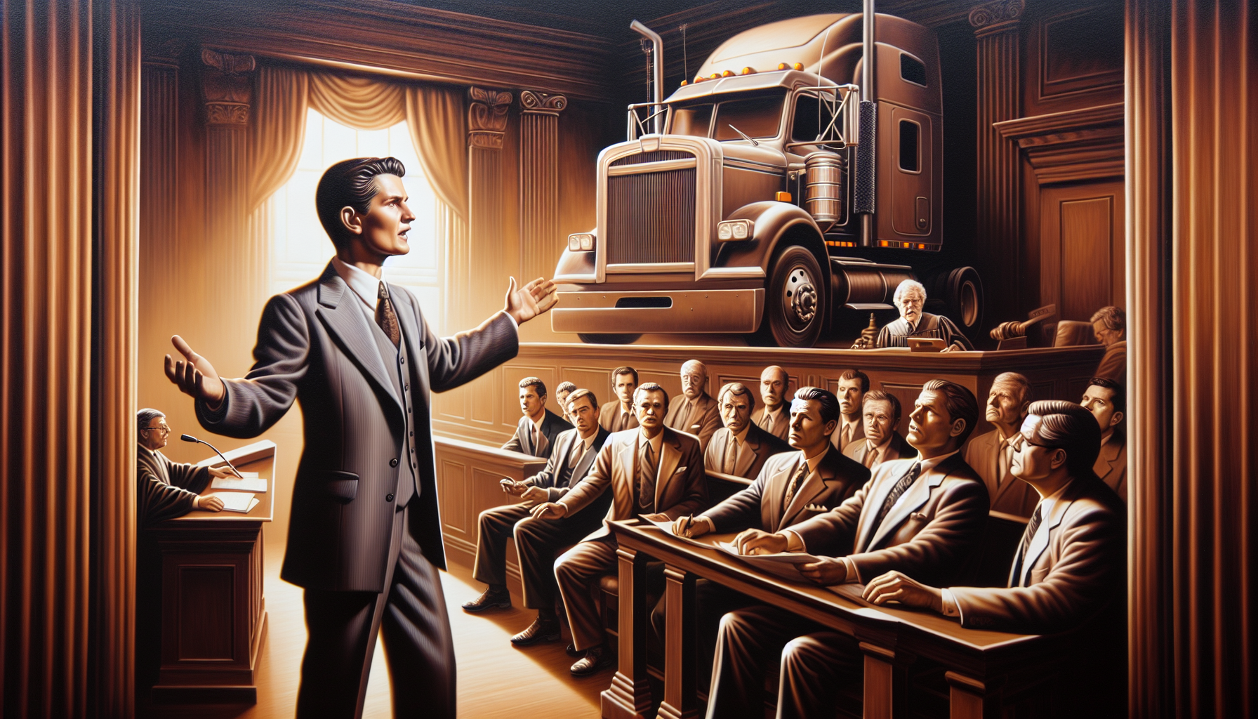 A courtroom scene illustrating legal challenges in truck accident cases.