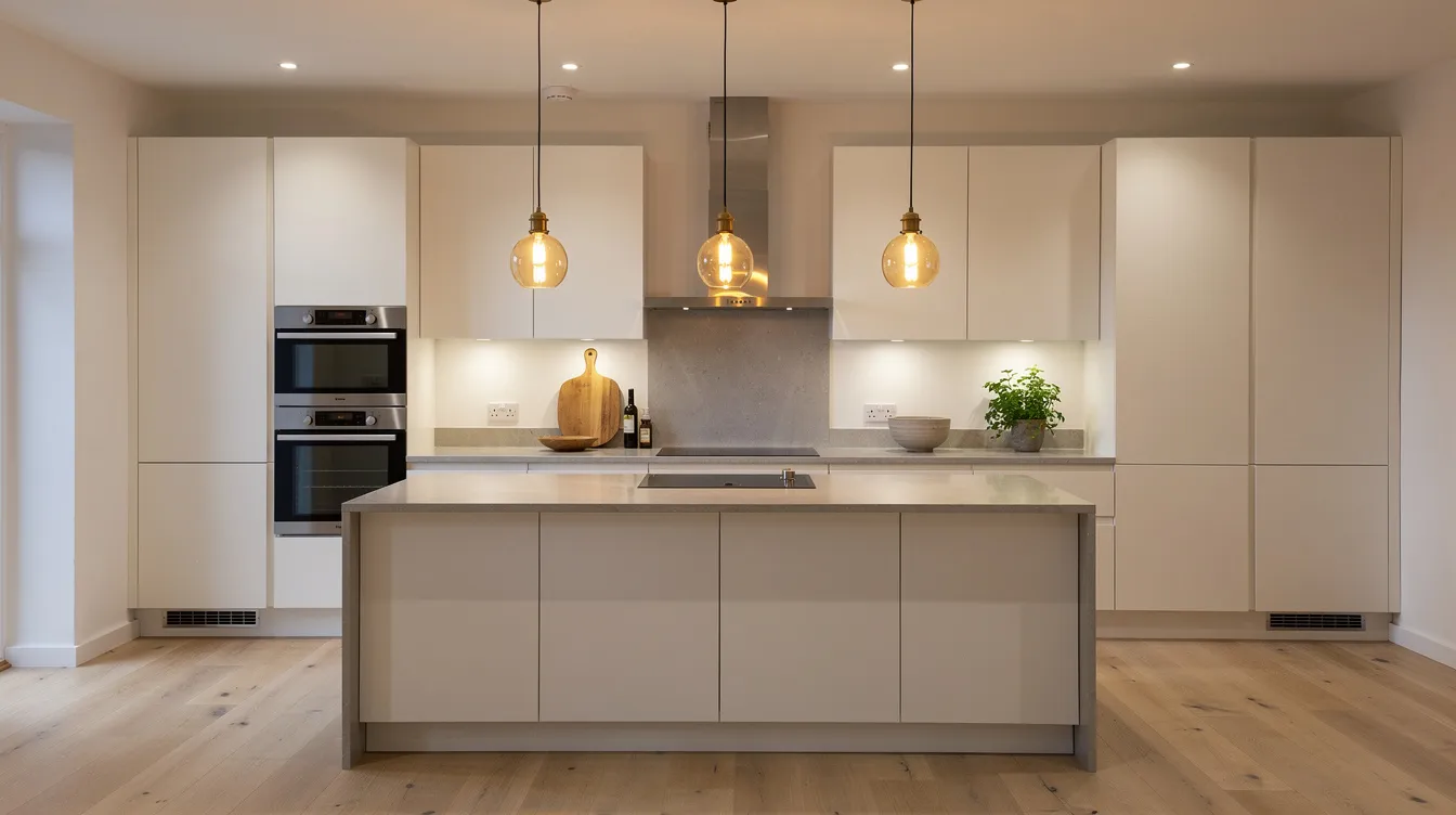 En modern köksmiljö med varmt ljus från pendellampor som hänger över en köksö, kompletterad med infällda spotlights i taket. Belysningen skapar en inbjudande atmosfär och visar på både funktion och stil i köket.