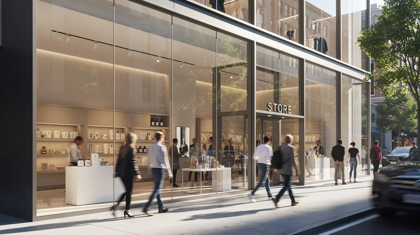 A modern retail storefront with large clear glass windows that create an open and inviting look. The storefront is designed with security in mind, utilizing riot resistant storefront glass to protect against potential threats while maintaining visual appeal.