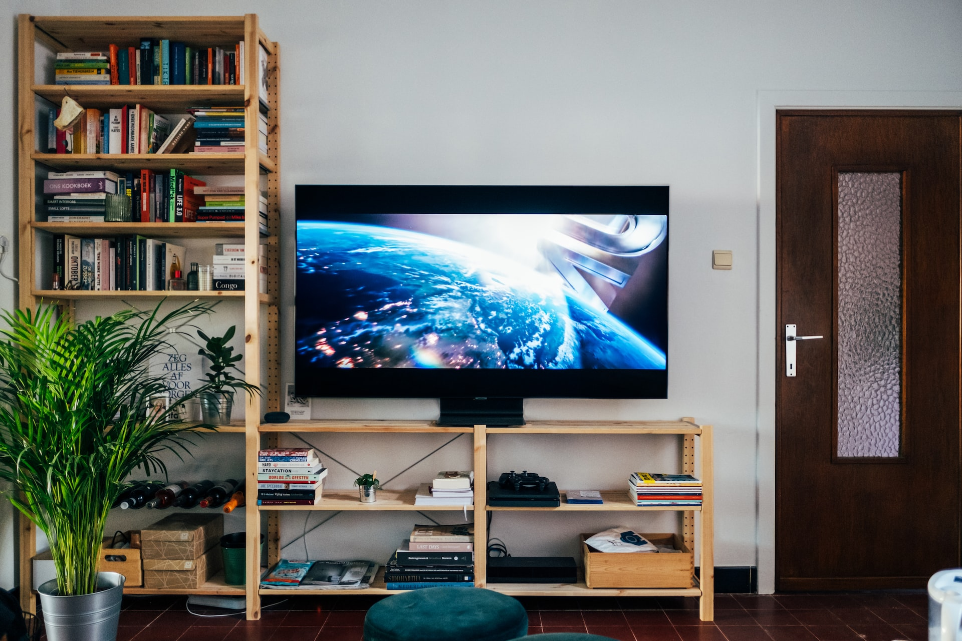  a TV playing in a living room