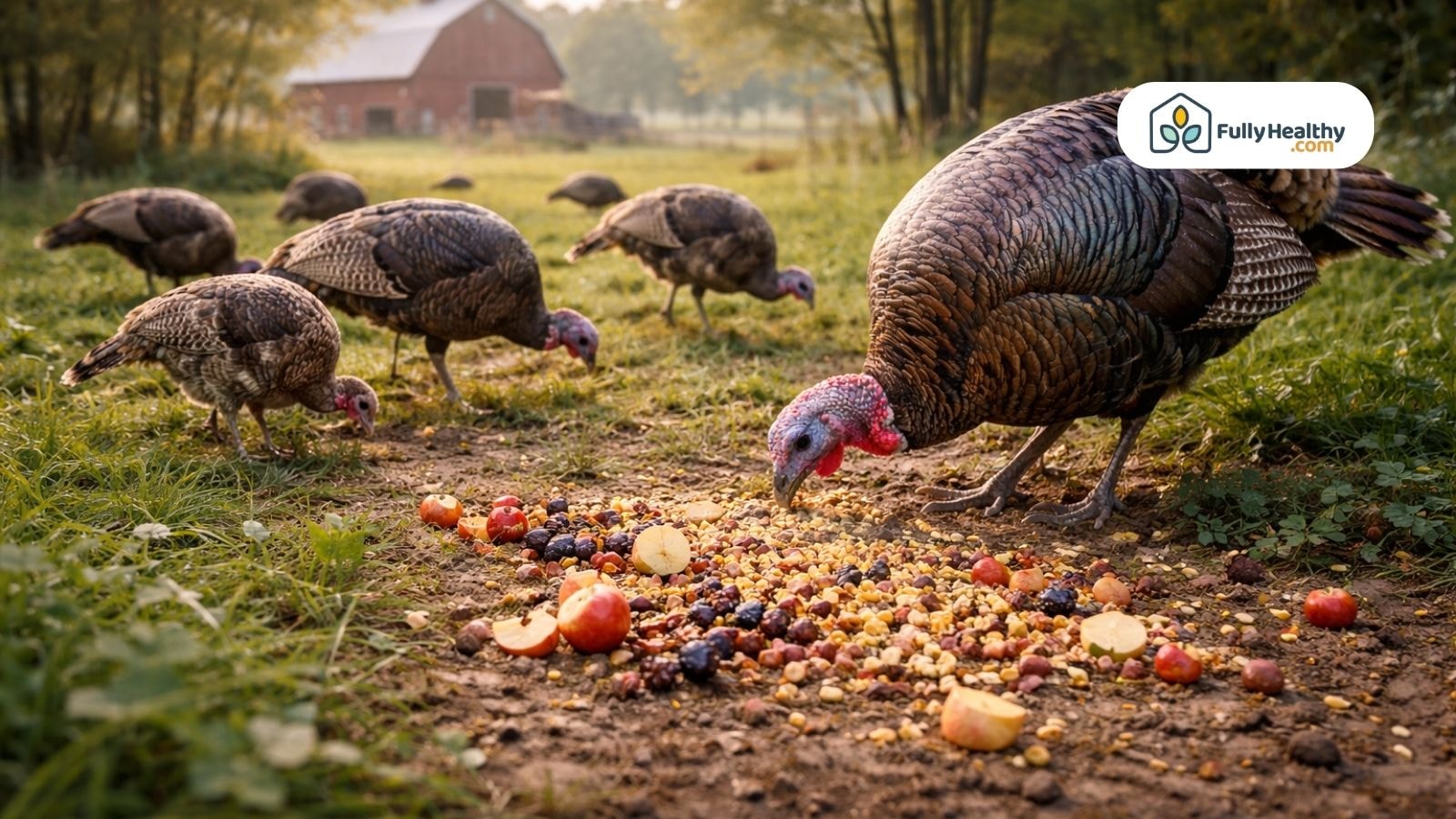 Wild turkeys eating grains and fruit in open farm pasture