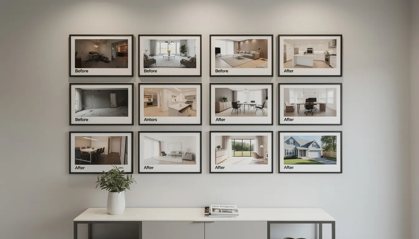 The image features a professional gallery wall displaying before and after photos of completed projects, showcasing the transformation of spaces. This visually appealing display highlights the work of a professional website designer, emphasizing the importance of a professional-looking website for small business owners.