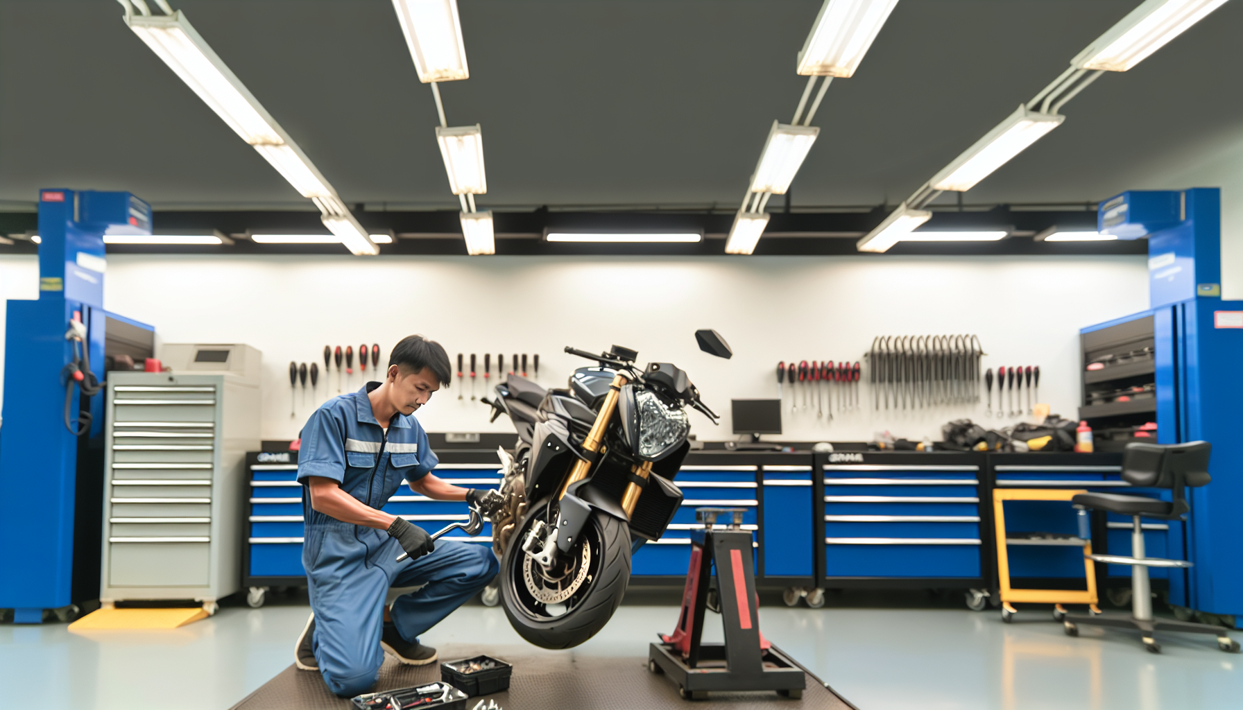 A motorcycle being serviced under a powersports warranty