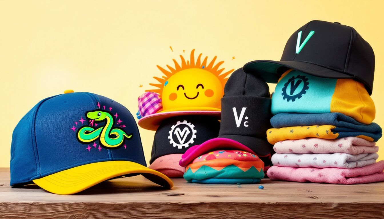 A variety of custom hats with logos displayed.