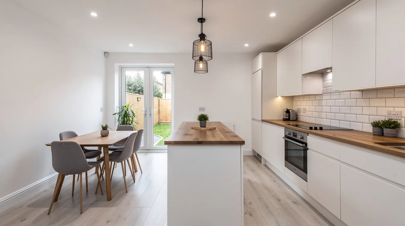 The image depicts a modern open plan kitchen-diner in a UK terraced home, featuring wooden worktops and stylish pendant lighting that enhances the natural light in the space. This inviting living area showcases an ideal layout for a renovation project, combining functionality and aesthetics for a contemporary home renovation.