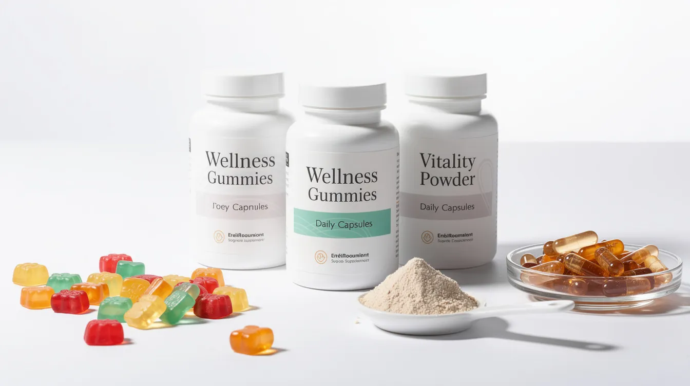 The image showcases a variety of wellness supplements, including colorful gummy supplements, capsules, and powdered forms, all arranged neatly on a clean white surface. Among these are auri mushroom gummies, which are noted for their excellent taste and health benefits, such as immune support and improved focus, featuring ingredients like wild lion's mane and turkey tail mushrooms.