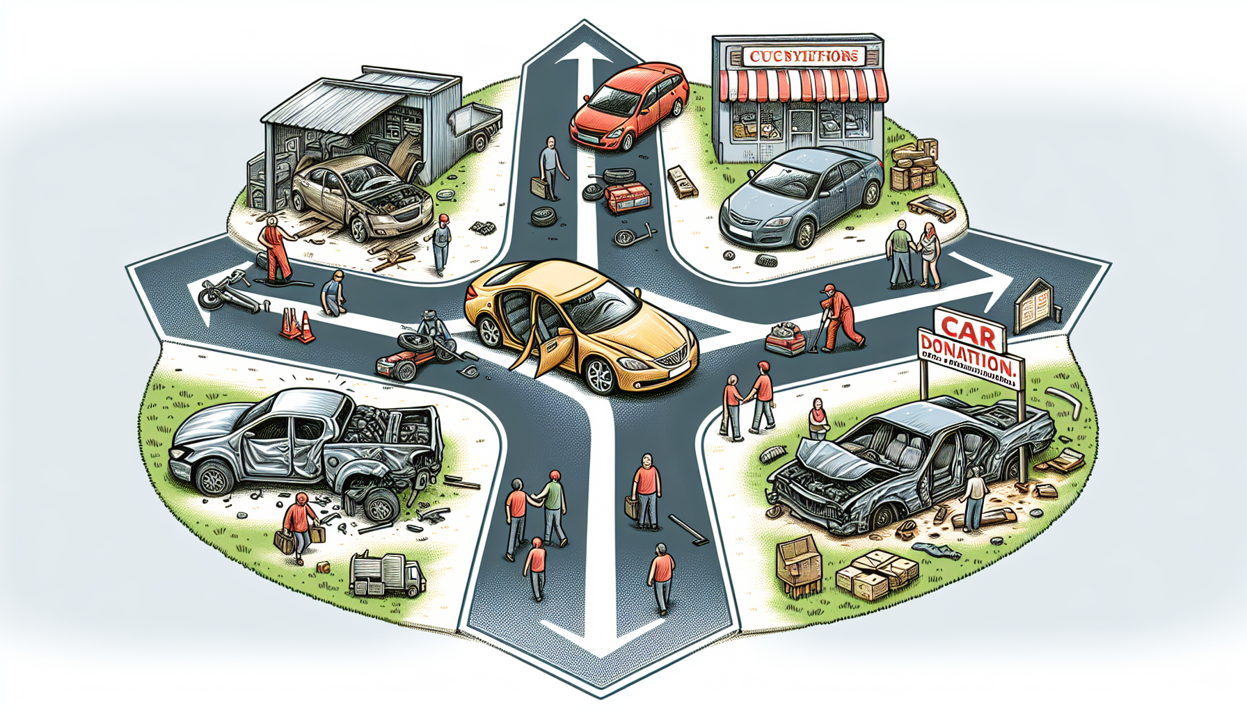Illustration of options for a totaled car, including repair, sale, donation, and trade-in