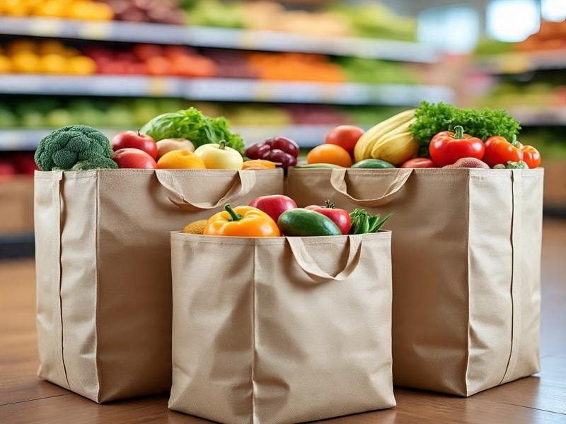 An image of three beige reusable shopping bags filled with fresh vegetables and fruits like peppers, apples, bananas, lettuce, and broccoli, standing on a wooden floor inside a supermarket.
