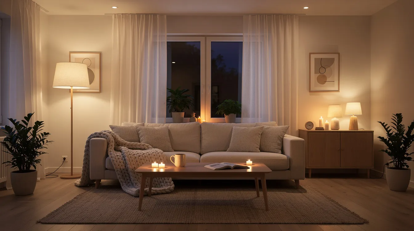 En mysig skandinavisk vardagsrum med varmt, ambient ljus från olika ljuskällor, inklusive en stilren bordslampa och en taklampa. Rummet är inrett med en modern design som skapar en hemtrevlig atmosfär.