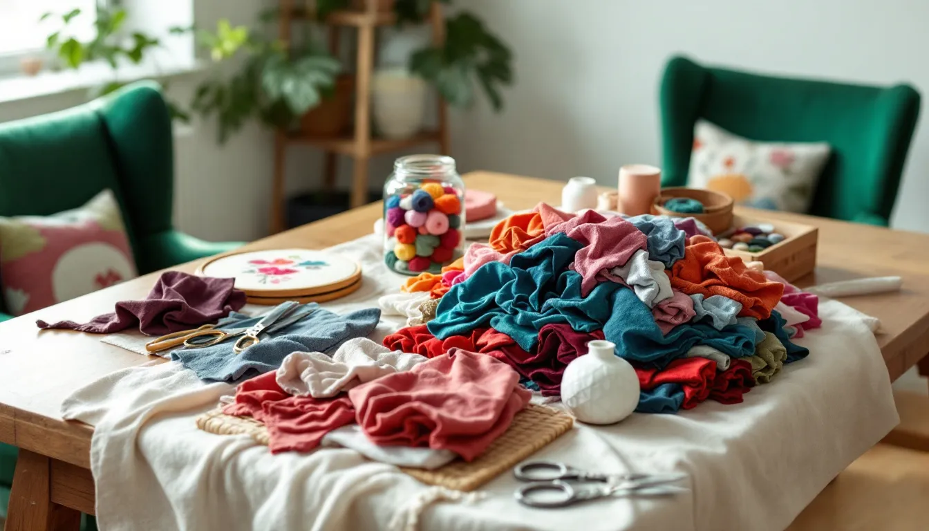 A well-organized beginner crafting workspace features colorful fabric scraps, scissors, glue, fabric paint, and embroidery floss, all ready for DIY projects. This setup invites creativity for making personalized gifts with a handmade touch, perfect for special occasions or thoughtful gestures.