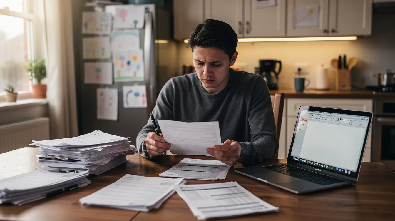 A parent sits at a kitchen table, reviewing paperwork with an open laptop, reflecting the balance of managing family responsibilities and mental health needs. This scene emphasizes the importance of accessible mental health services, whether through in-person therapy or online counseling, to support emotional well-being.