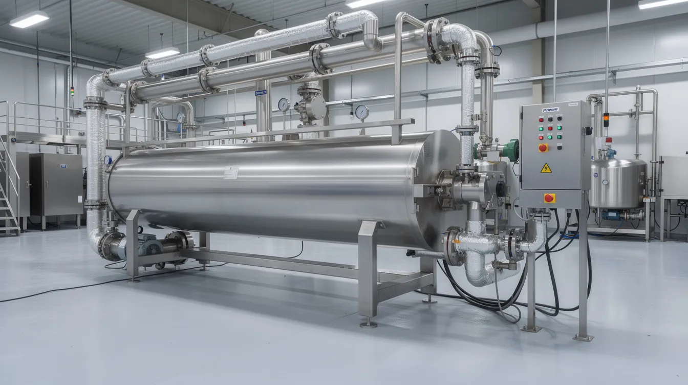 The image depicts an industrial continuous freezer machine made of stainless steel, featuring a large barrel and connected piping, set within a factory environment dedicated to ice cream production. This equipment is essential in the ice cream manufacturing process, ensuring uniform freezing of the ice cream mix and contributing to the final product's quality and texture.
