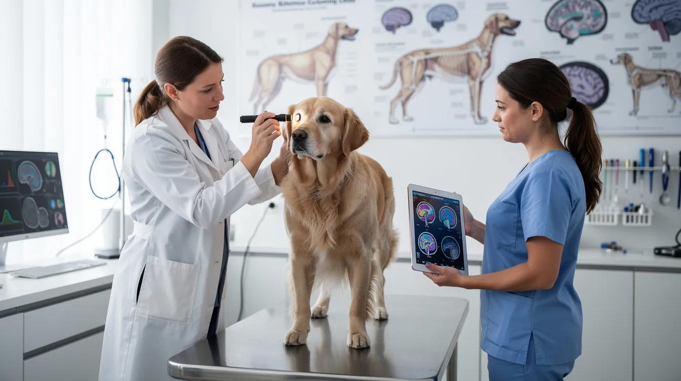 The image depicts a senior dog resting comfortably in a familiar environment, reflecting signs of cognitive dysfunction syndrome, such as unusual behavior and cognitive decline. The setting suggests a veterinary examination space, emphasizing the importance of assessing brain health and managing dog dementia for aging dogs.