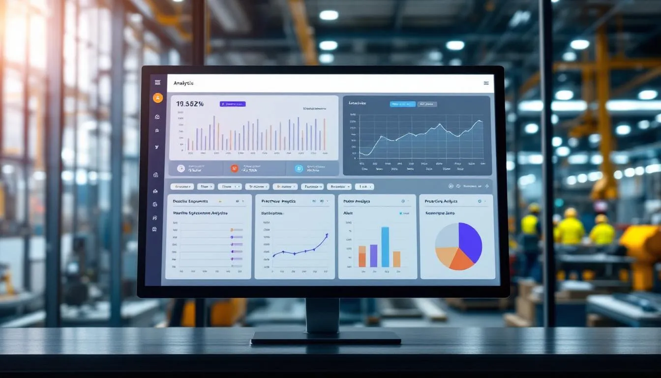 An image depicting the concept of enhancing maintenance in the manufacturing industry through predictive analytics, showcasing various data points, machine learning algorithms, and analytics tools used to optimize production processes and reduce maintenance costs. The visual emphasizes the importance of historical data and real-time insights in improving operational efficiency and ensuring product quality.