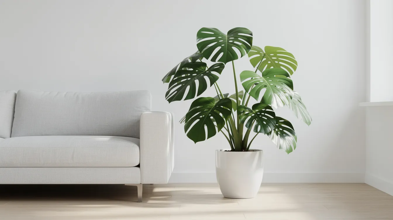 En stor monstera i en vit keramikkruka står bredvid en ljus soffa i ett minimalistiskt rum, vilket skapar en stilren inredning med en harmonisk känsla. Rummet präglas av rena linjer och neutrala färger, vilket ger inspiration till ett väl inrett hem.