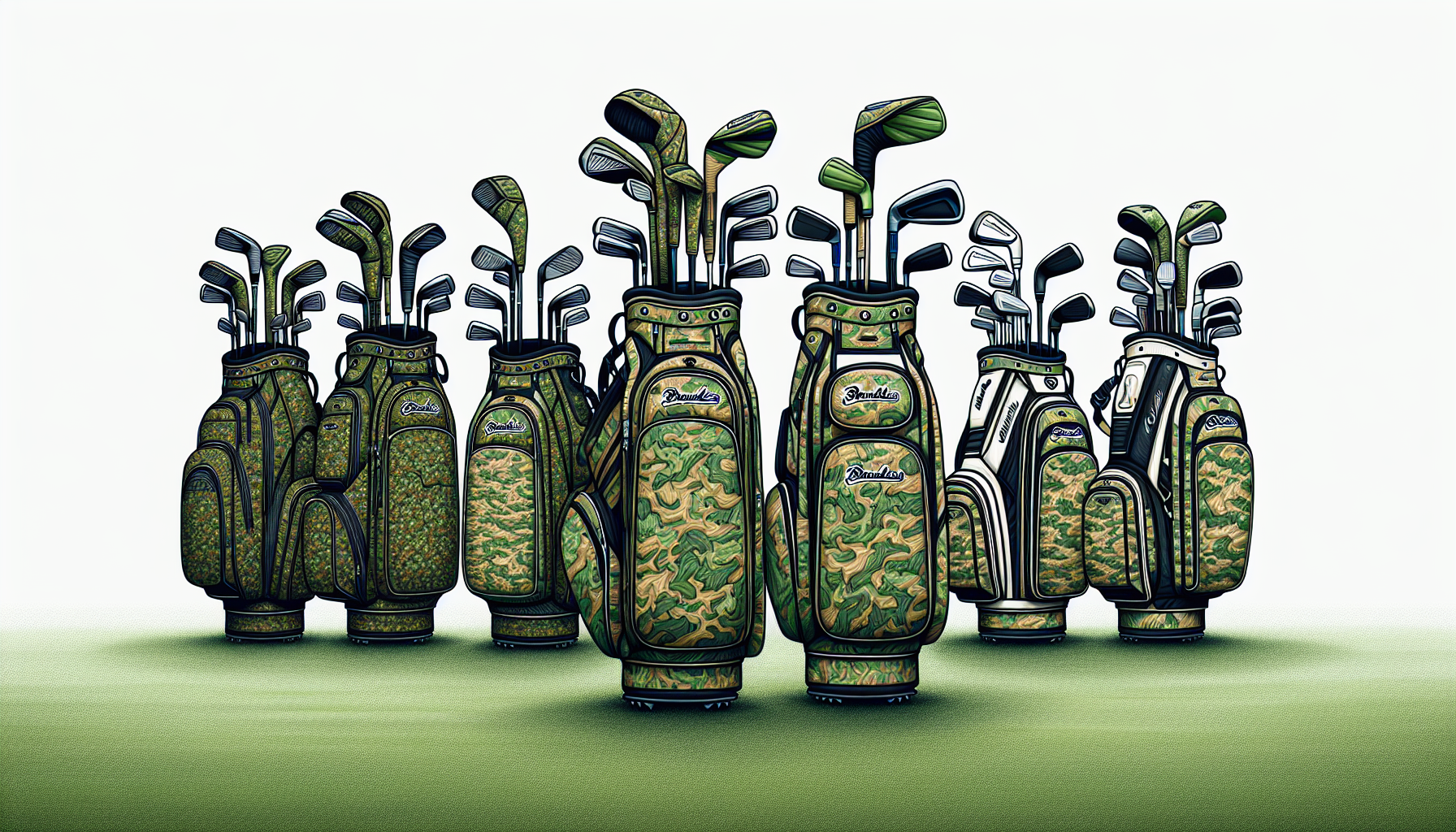 Illustration of a variety of camo golf bags from different brands