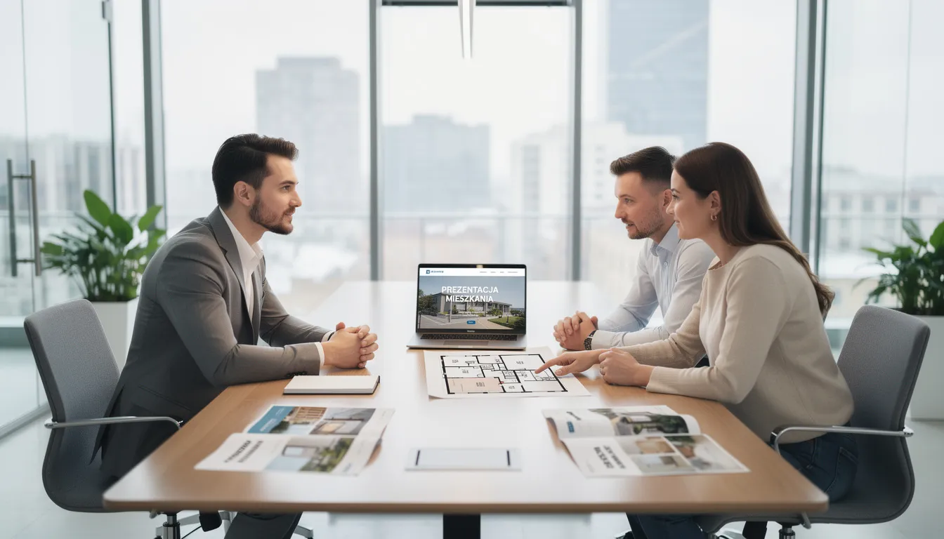 Na zdjęciu przedstawiono agenta nieruchomości, który prowadzi spotkanie z klientami przy stole konferencyjnym, omawiając kwestie związane z rynkiem nieruchomości. Atmosfera jest profesjonalna, a uczestnicy dyskusji wyrażają swoje oczekiwania dotyczące zakupu nieruchomości w Warszawie, w tym na terenie Bemowa.