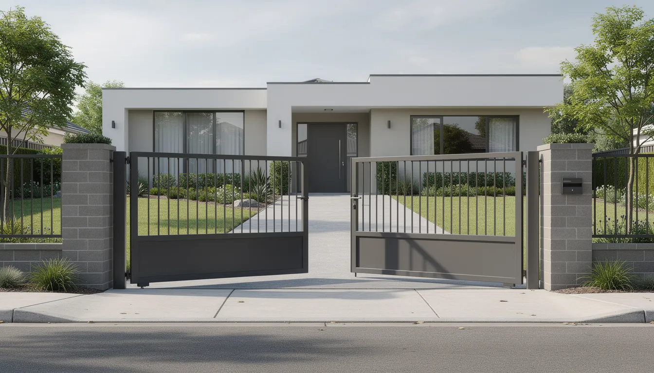 The image depicts a steel swing gate with dual leaves that open inward, situated at the entrance of a suburban property. This automatic gate enhances security while providing an elegant entryway, ideal for residential spaces.