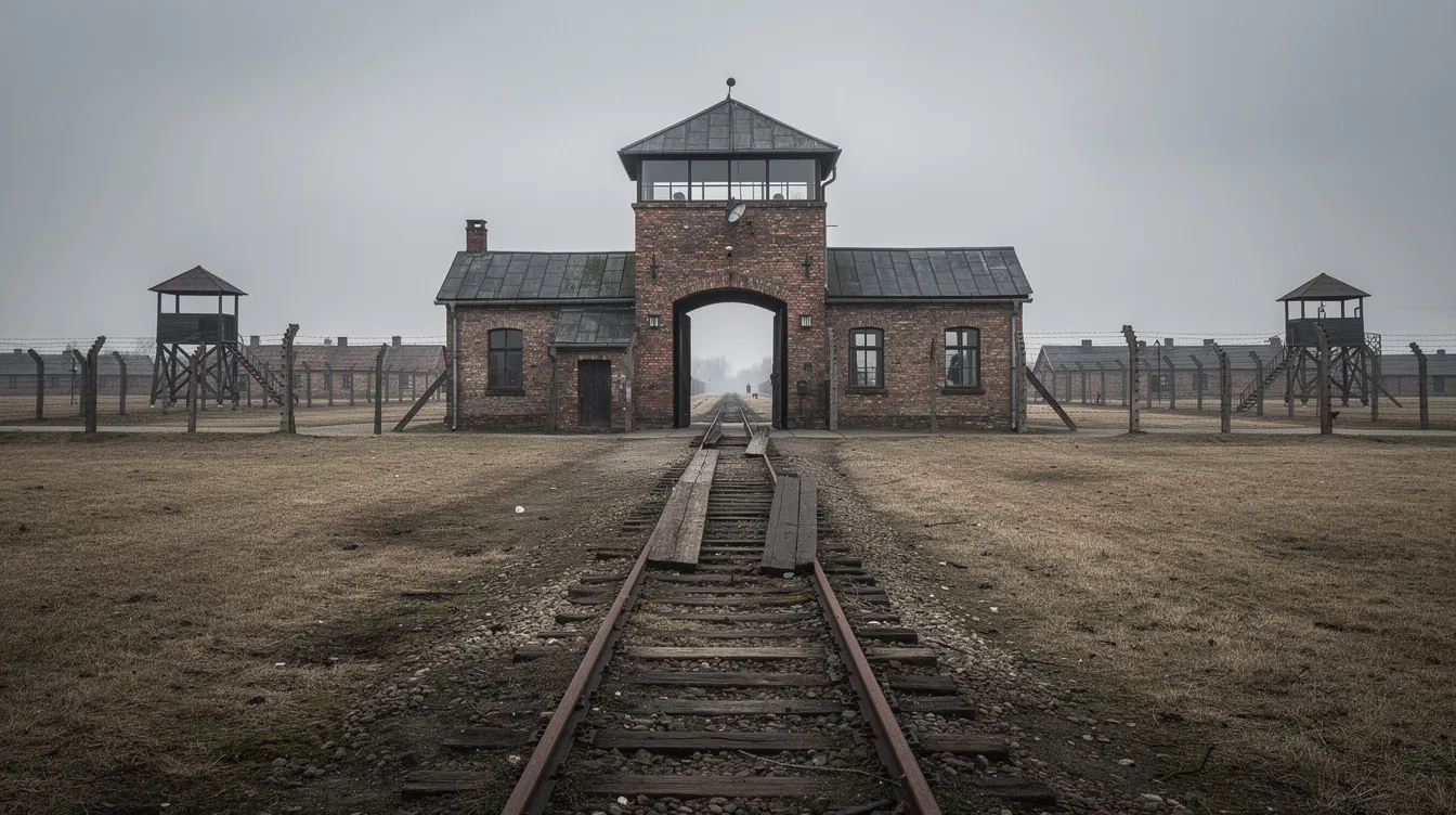 Imagem do campo de extermínio de Auschwitz, um dos mais infames campos de concentração nazistas, localizado na Polônia. O local é marcado por memorializações que lembram a história trágica da solução final e as atrocidades cometidas contra milhões de pessoas, incluindo judeus, durante a Segunda Guerra Mundial.