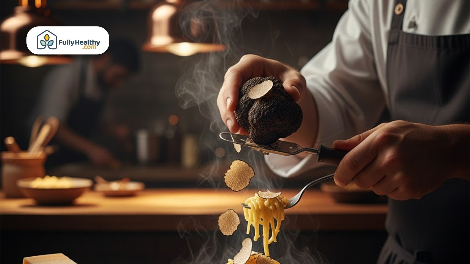 Chef shaving black truffle over steaming pasta in kitchen