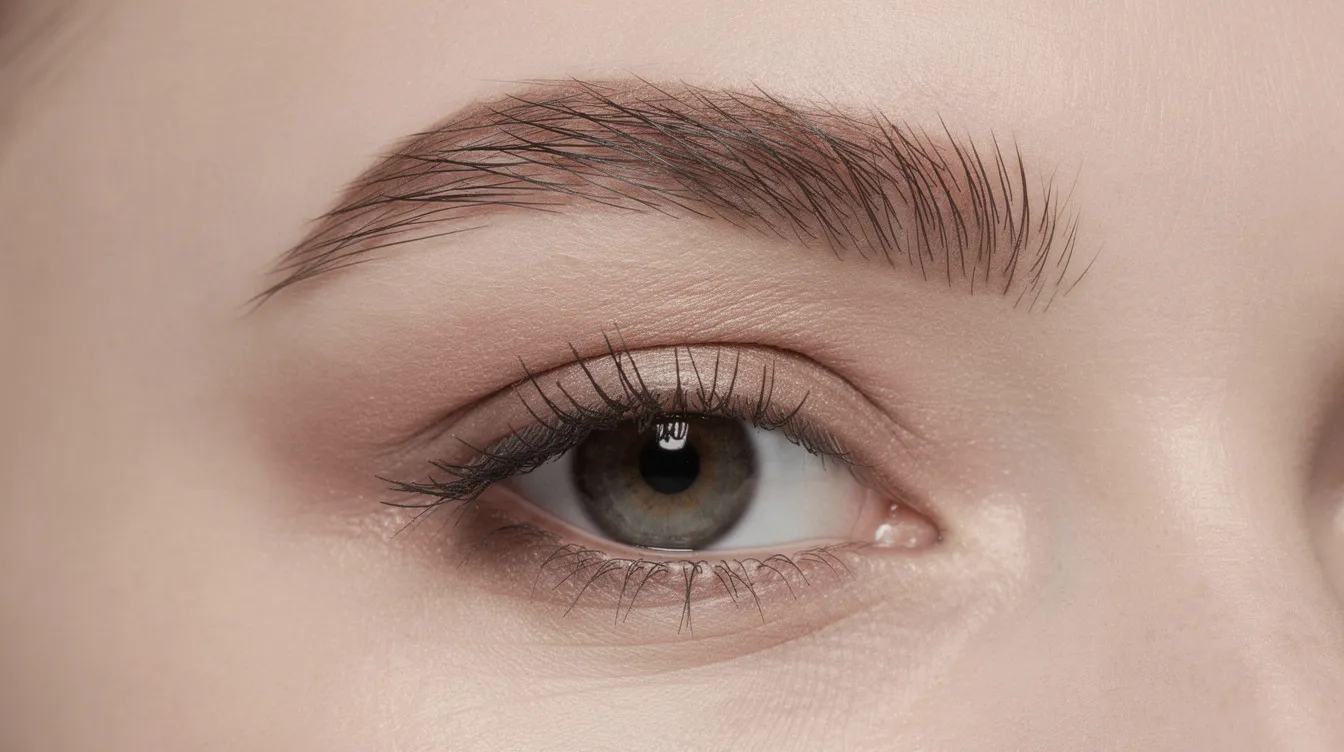 Nahaufnahme von vollen, natürlich wirkenden Augenbrauen einer Frau, die durch die Microblading-Methode gestaltet wurden. Die feinen Härchenzeichnungen und die harmonische Form der Augenbrauen betonen das Gesicht und verleihen dem Blick Ausdruck.