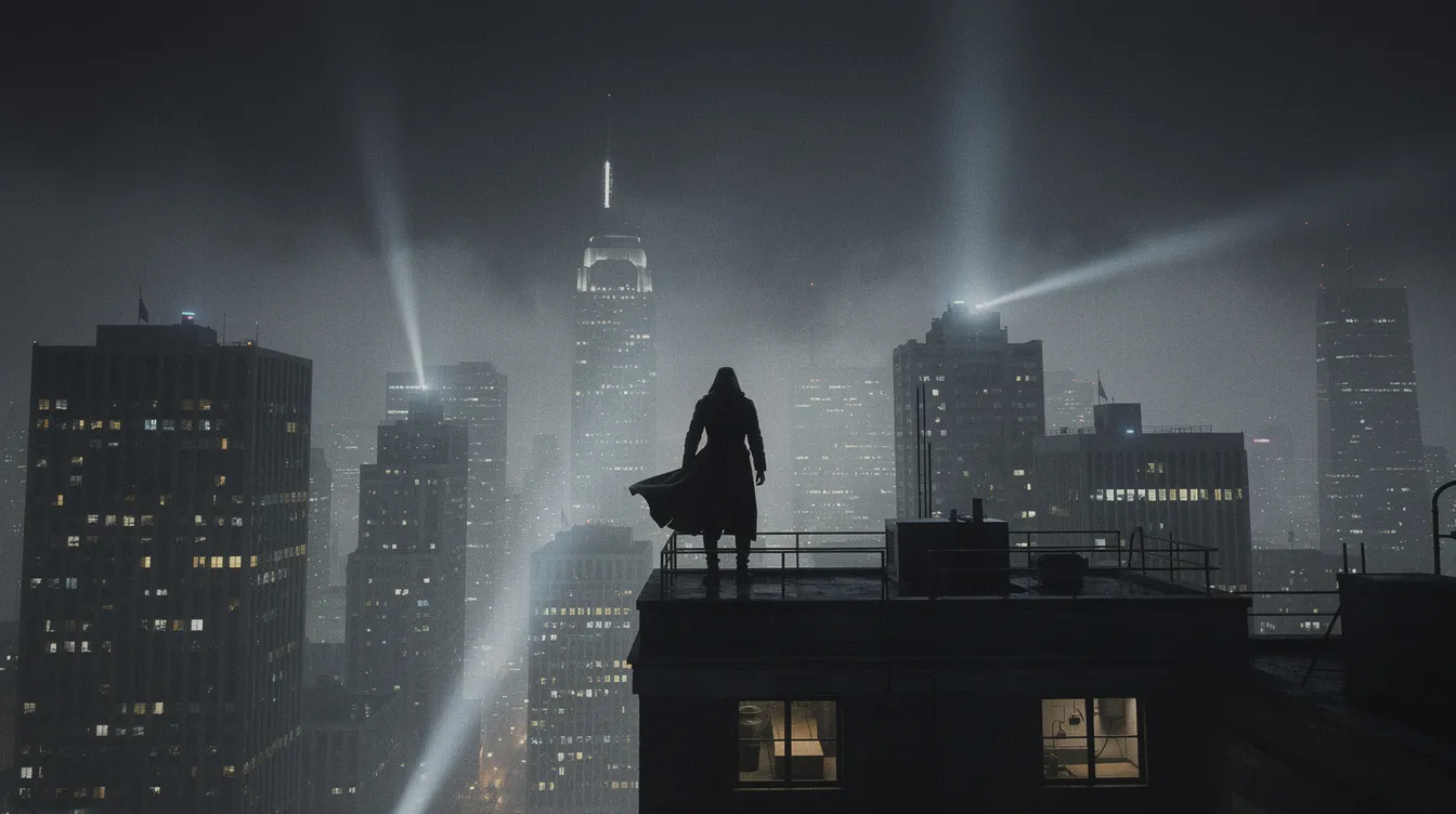 Die dunkle Silhouette einer maskierten Figur, die anmutig auf einem Hochhausdach steht, blickt über die düstere Skyline von Gotham City, während Nebel und Scheinwerfer die Atmosphäre der Nacht verstärken. Diese Szene erinnert an die spannenden Geschichten aus den Batman Comics, in denen der dunkle Ritter gegen das Verbrechen kämpft.