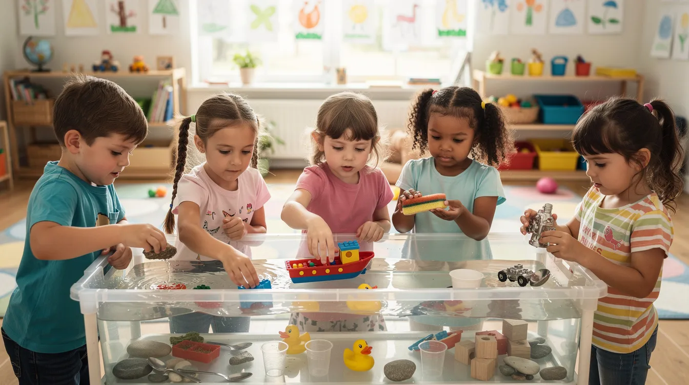 In a bright classroom, young children are gathered around a water table, engaging in hands-on learning as they experiment with various objects to explore the concepts of floating and sinking. This active participation fosters critical thinking skills and deeper understanding through experiential learning, allowing students to develop essential life skills while having fun.