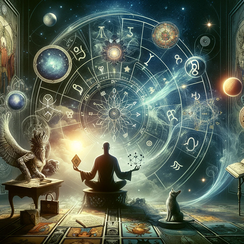 image blending the themes of tarot and astrology, symbolizing their connection in esoteric wisdom