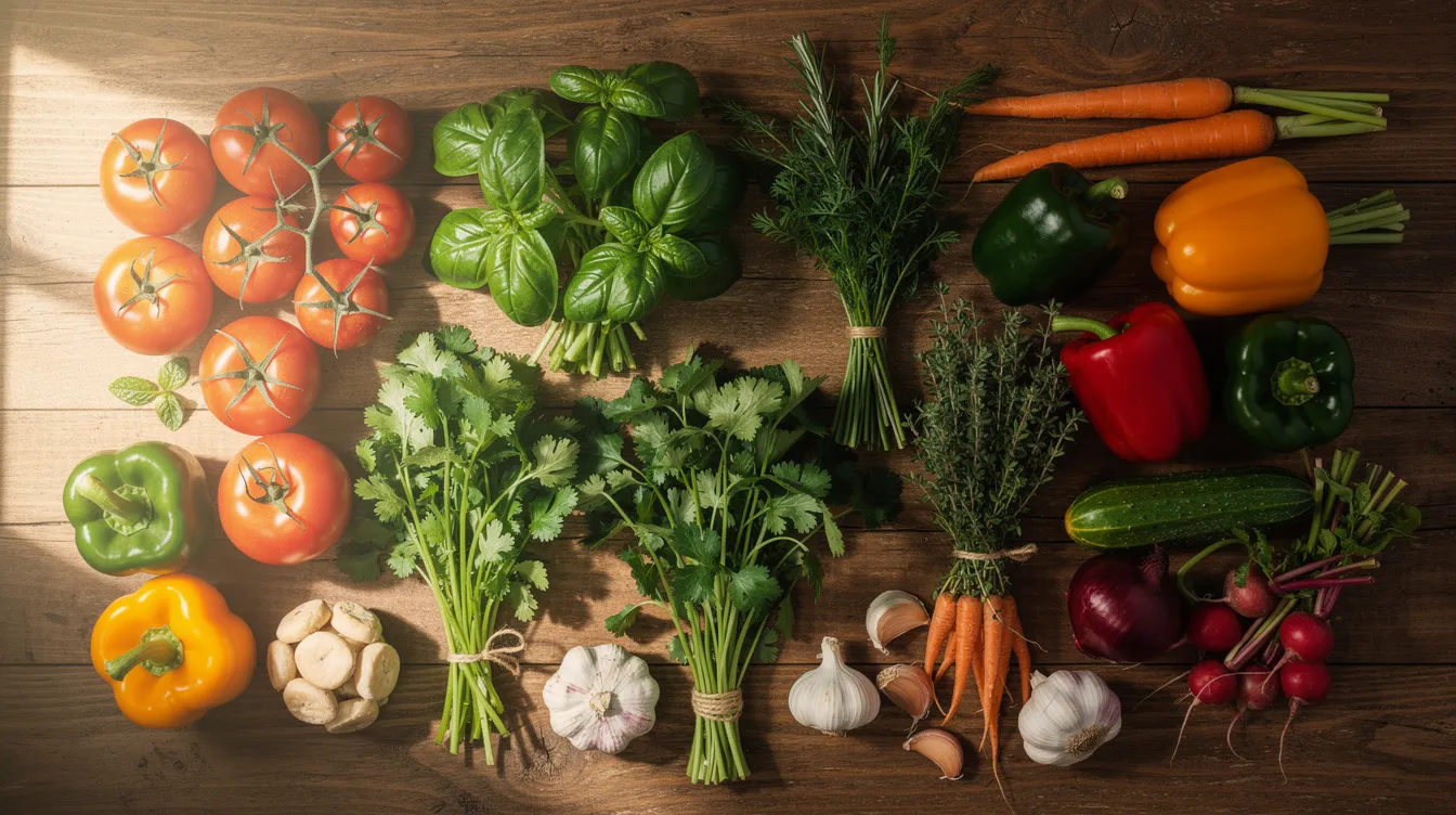 The image showcases a vibrant assortment of fresh herbs and vegetables, including basil, parsley, and bell peppers, artfully arranged on a rustic wooden surface. This colorful display highlights the importance of incorporating natural ingredients into a healthy diet, which can support metabolic health and potentially improve sleep quality.