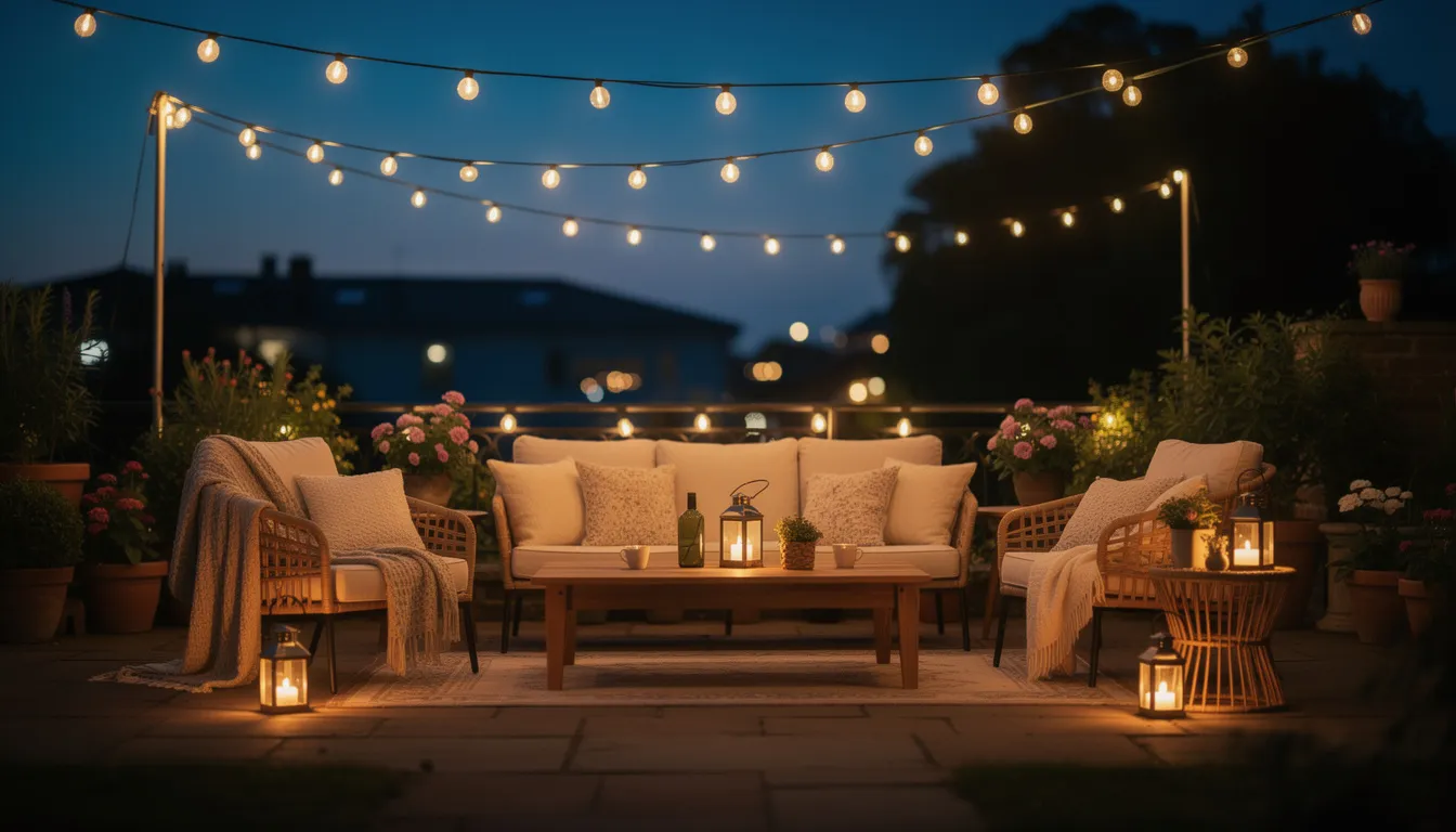 A cozy evening patio scene features warm string lights and lanterns illuminating a comfortable outdoor seating area, creating an inviting atmosphere for social gatherings and outdoor parties. This beautiful space is perfect for hosting events, such as birthday parties or corporate functions, in a charming outdoor venue.