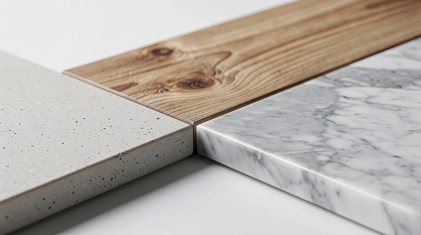 Close-up van een keramisch tafelblad dat naast een houten en marmeren plank ligt, waarbij het verschil in textuur goed zichtbaar is. Het keramische tafelblad is krasbestendig en hittebestendig, wat het ideaal maakt voor dagelijks gebruik in moderne woon- en tuinmeubelen.