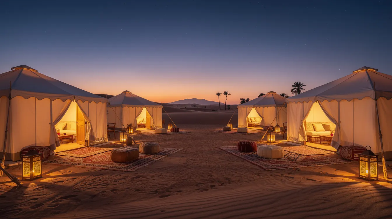 The image depicts luxurious desert camp tents set against the dusky sky of the Sahara, with warm lights glowing from within, creating a cozy atmosphere. Visitors to Morocco should consider using a travel adapter compatible with type C and type E plugs to ensure their electrical appliances operate safely in this stunning setting.