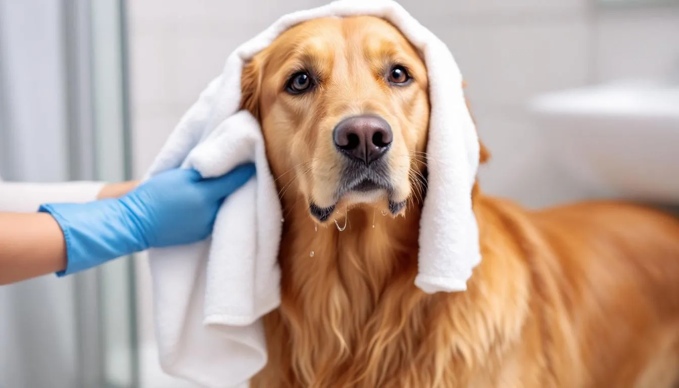 A dog is being gently dried with a towel after swimming, with its floppy ears flopping as the owner carefully wipes away moisture to prevent yeast infections in the dog