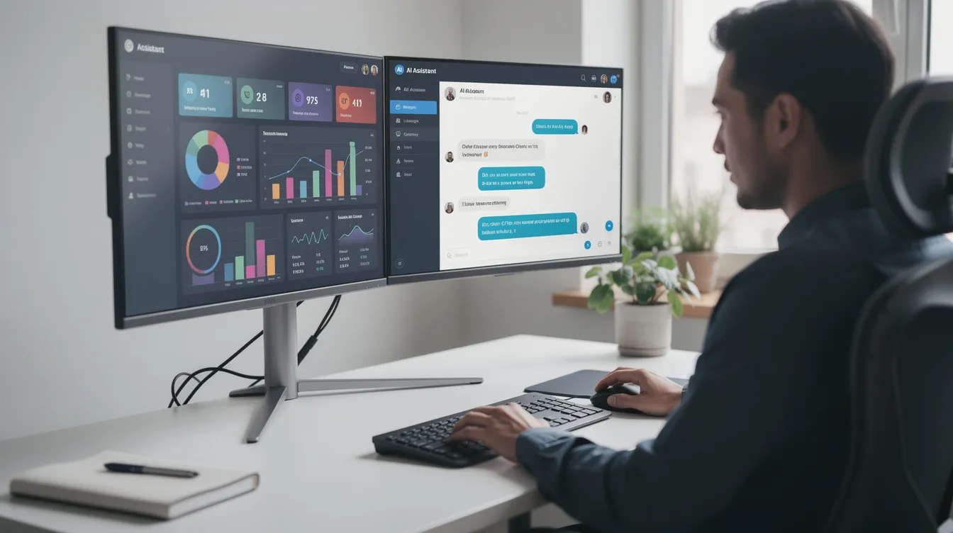 The image depicts a person sitting at a modern workspace equipped with dual monitors, which display data dashboards alongside an AI chat interface, illustrating the integration of artificial intelligence tools in white collar jobs. This scene highlights the evolving job market where AI systems are increasingly adopted, potentially replacing certain tasks traditionally performed by human workers.