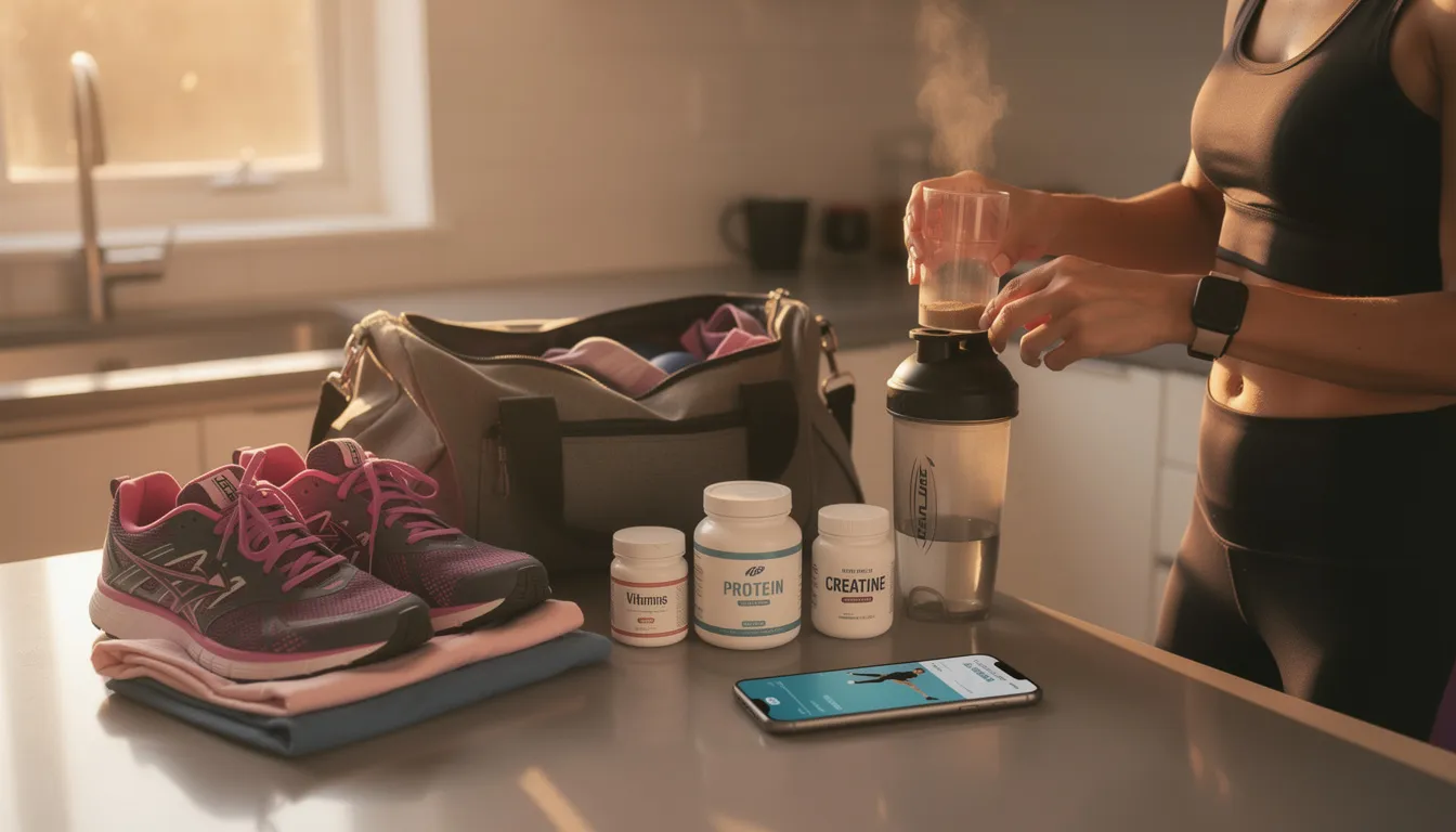 A person is seen preparing their workout gear and supplements as part of their morning routine, focusing on enhancing their physical performance and endurance through NMN supplementation. The scene suggests a commitment to improving cellular energy production and muscle recovery for optimal exercise performance.